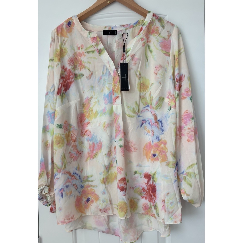 Tahari Women's Multicolor Floral Chiffon V-Neck Long Sleeve Pullover Blouse